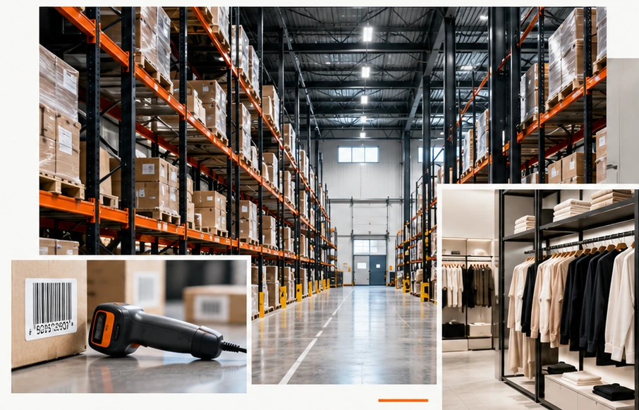 Organised warehouse aisles, barcode scanning equipment and a clothing retail environment